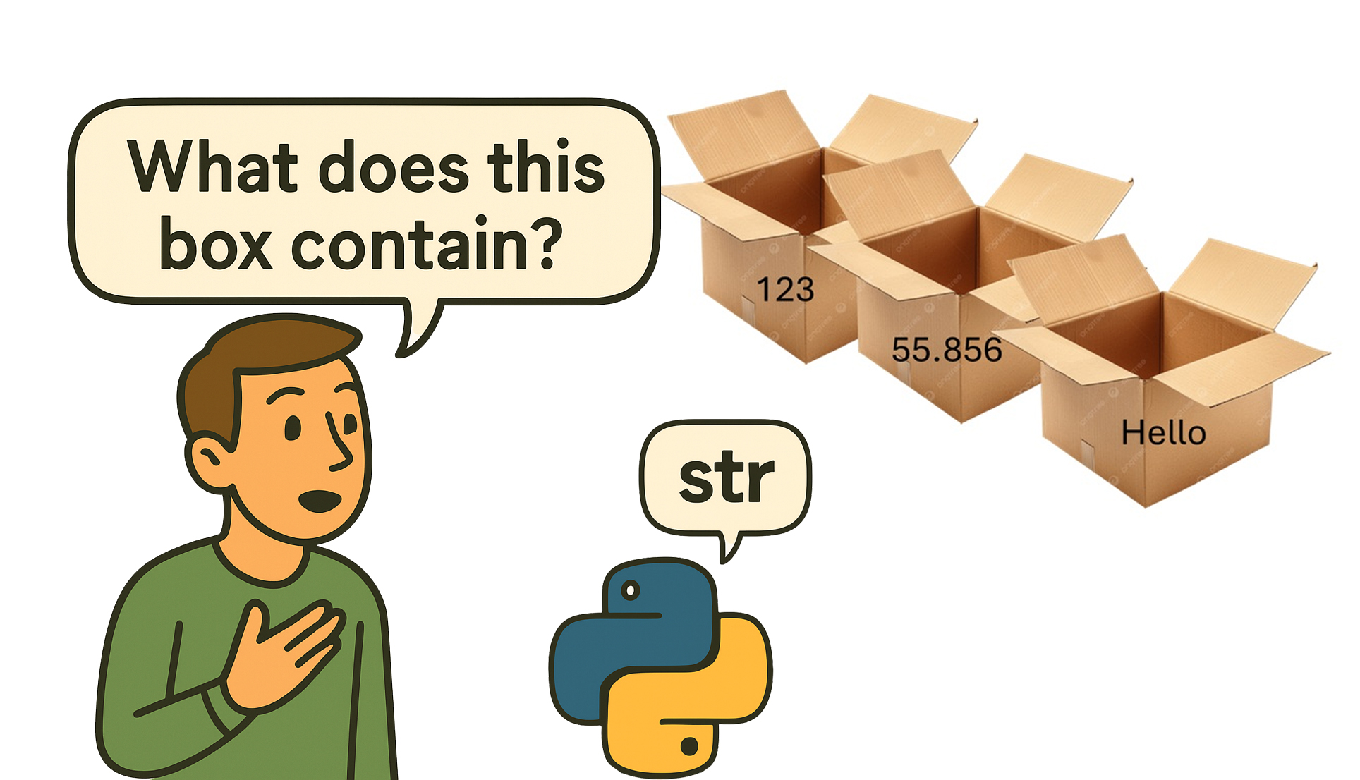 Visual chart of different Python built-in data types like int, float, str, and list